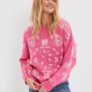 American Eagle pink crewneck oversized sweater paisley western size medium
